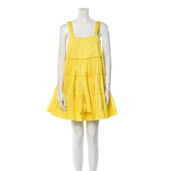 Aje Le Mempris Tiered Mini Dress Womens 4 Citrus Yellow Lemon Cotton Sleeveless